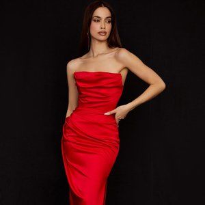 House of CB Adrienne Scarlett Satin Strapless Gown -- Size S